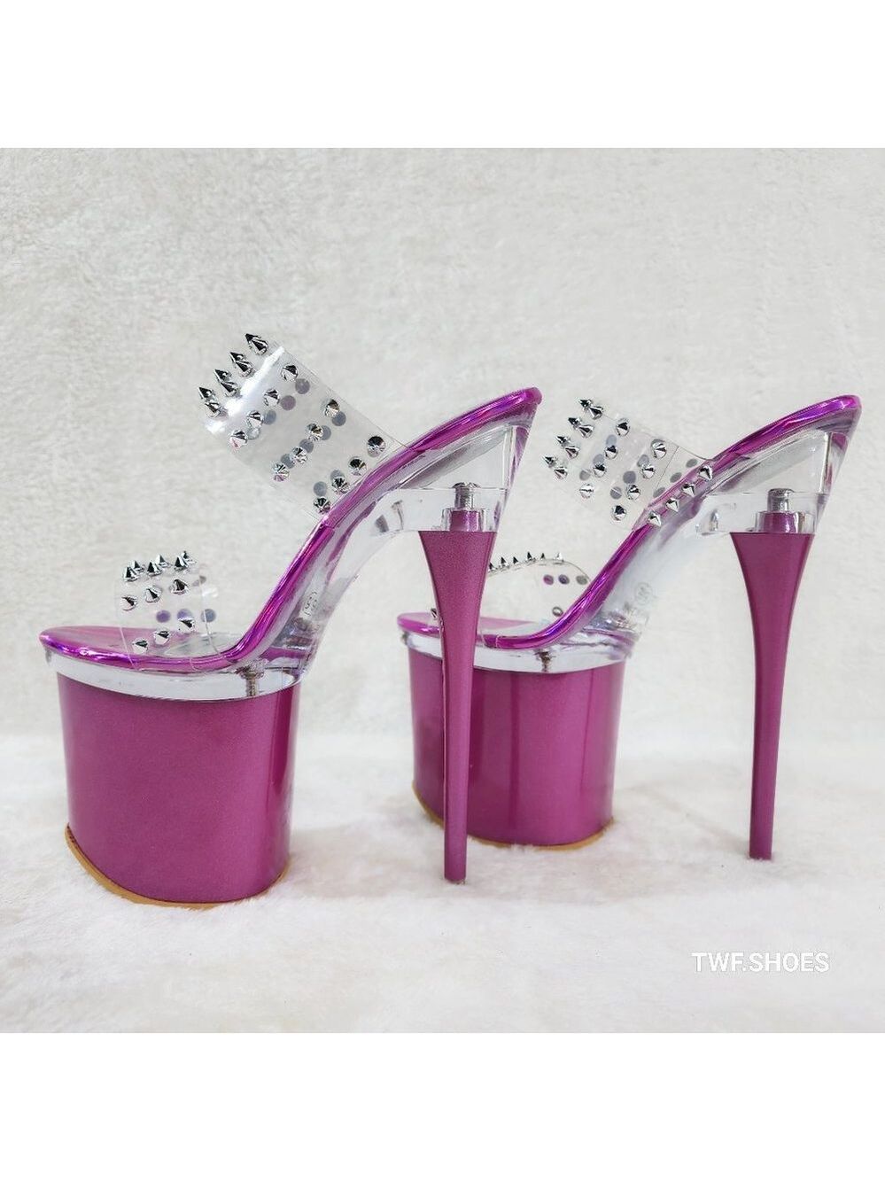Sleek Slim 8" Towering Platform Heels Purple Double Clear Spiked Straps Slip on